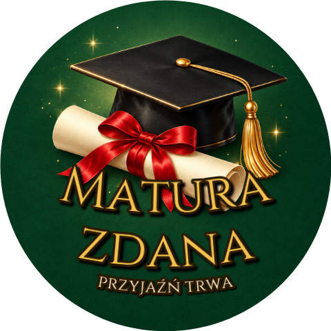 Wzór: Przypinka Matura Zdana Przyjaźń Trwa – grafika z napisem Matura zdana przyjaźń trwa