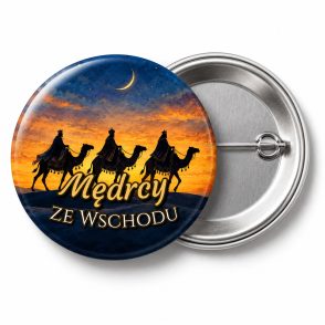 Przypinka Mędrcy ze Wschodu: przypinka na Orszak Trzech Króli z napisem Mędrcy ze Wschodu – przód i aluminiowy tył z agrafką