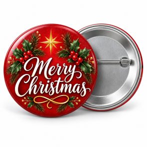 Przypinka Merry Christmas Czerwień: przypinka na Boże Narodzenie z napisem Merry Christmas – przód i aluminiowy tył z agrafką