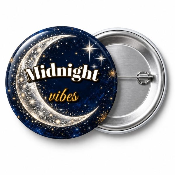 Przypinka Midnight Vibes: przypinka na Sylwestra z napisem Midnight vibes – przód i aluminiowy tył z agrafką