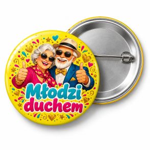 Przypinka Młodzi Duchem: kolorowa przypinka na Dzień Seniora z napisem Młodzi duchem – przód i aluminiowy tył z agrafką