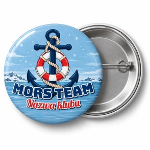 Przypinka Mors Team Kotwica: przypinka dla morsów z napisem Mors Team oraz polem nazwa klubu (np. Nazwa klubu) – przód i aluminiowy tył z agrafką