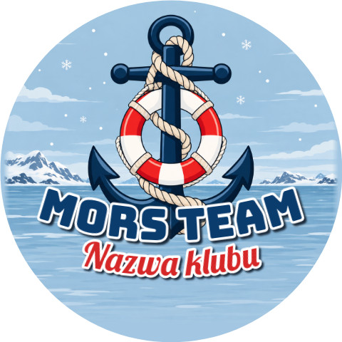 Wzór: Przypinka Mors Team Kotwica – napis Mors Team i pole nazwa klubu na zimowej grafice