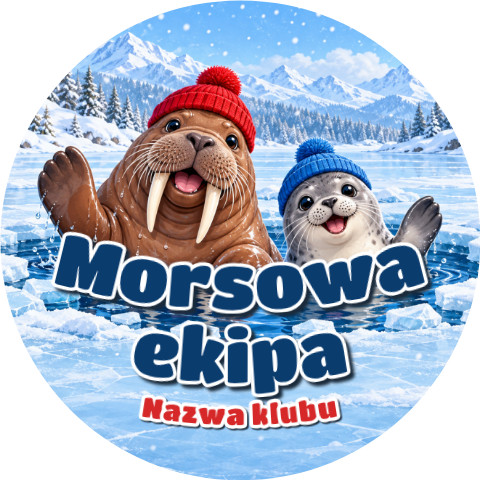 Wzór: Przypinka Morsowa Ekipa z Nazwą – napis Morsowa ekipa i pole nazwa klubu na zimowej grafice