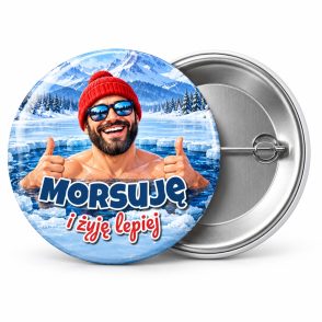 Przypinka Morsuję i Żyję Lepiej: przypinka dla morsów z napisem Morsuję i żyję lepiej – przód i aluminiowy tył z agrafką