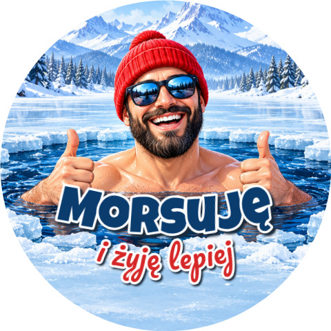Wzór: Przypinka Morsuję i Żyję Lepiej – zimowa grafika z napisem Morsuję i żyję lepiej