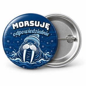 Przypinka Morsuję Odpowiedzialnie: przypinka dla morsów z napisem Morsuję odpowiedzialnie – przód i aluminiowy tył z agrafką