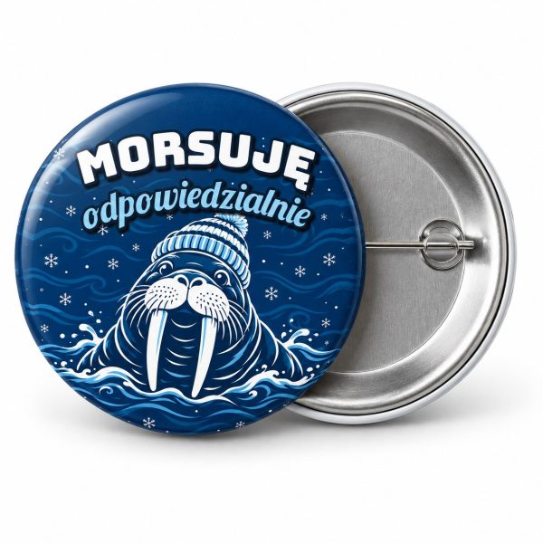 Przypinka Morsuję Odpowiedzialnie: przypinka dla morsów z napisem Morsuję odpowiedzialnie – przód i aluminiowy tył z agrafką