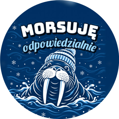 Wzór: Przypinka Morsuję Odpowiedzialnie – zimowa grafika z napisem Morsuję odpowiedzialnie