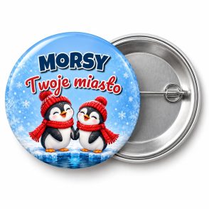 Przypinka Morsy Pingwiny z Miasta: przypinka dla morsów z napisem Morsy oraz polem miasto (np. Twoje miasto) – przód i aluminiowy tył z agrafką