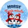 Wzór: Przypinka Morsy Pingwiny z Miasta – napis Morsy i pole miasto na zimowej grafice