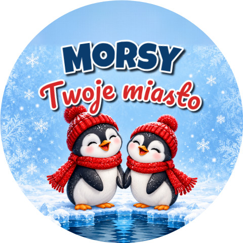 Wzór: Przypinka Morsy Pingwiny z Miasta – napis Morsy i pole miasto na zimowej grafice