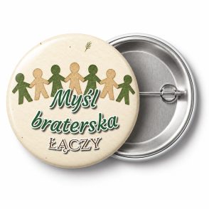 Przypinka Myśl Braterska Łączy: przypinka na Dzień Myśli Braterskiej z napisem Myśl braterska łączy – przód i aluminiowy tył z agrafką