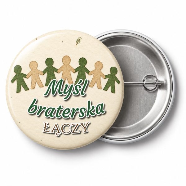 Przypinka Myśl Braterska Łączy: przypinka na Dzień Myśli Braterskiej z napisem Myśl braterska łączy – przód i aluminiowy tył z agrafką