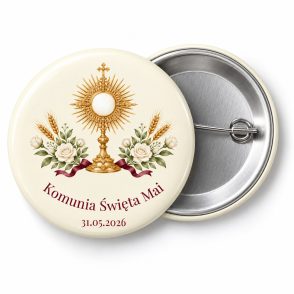 Przypinka na Komunię: złota monstrancja z białymi różami, kłosami i bordową wstążką, napis Komunia Święta Mai – przód i aluminiowy tył z agrafką
