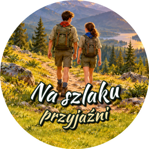 Wzór: Przypinka Na Szlaku Przyjaźni – grafika z napisem Na szlaku przyjaźni