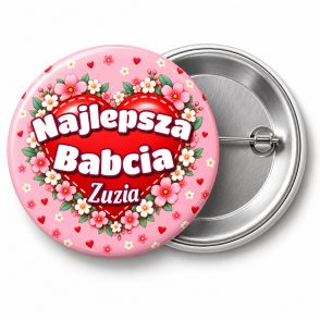 Przypinka Najlepsza Babcia na Serduszku: przypinka na Dzień Babci i Dziadka z napisem Najlepsza Babcia oraz polem imię (np. Zuzia) – przód i aluminiowy tył z agrafką