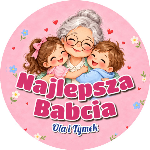 Wzór: Przypinka Najlepsza Babcia z Wnukami – napis Najlepsza Babcia i pole imiona wnuków na pastelowej grafice