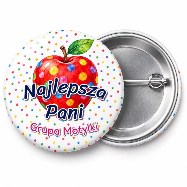 Przypinka Najlepsza Pani Kropkowe Jabłko: przypinka na Dzień Kropki z napisem Najlepsza Pani oraz polem grupa (np. Grupa Motylki) – przód i aluminiowy tył z agrafką