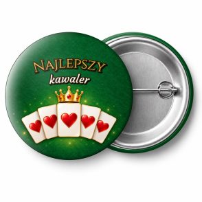 Przypinka Najlepszy Kawaler Wachlarz Kart Kier: przypinka na wieczór kawalerski z napisem Najlepszy kawaler – przód i aluminiowy tył z agrafką