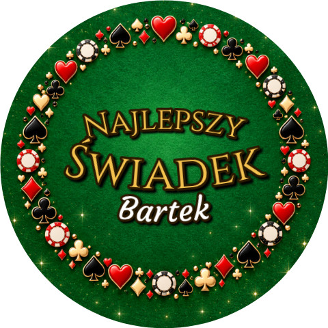 Wzór: Przypinka Najlepszy Świadek z Imieniem Wieniec Kart i Żetonów – napis Najlepszy Świadek i pole imię