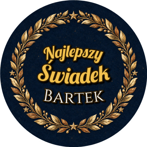 Wzór: Przypinka Najlepszy Świadek z Imieniem Wieniec Laurowy – napis Najlepszy Świadek i pole imię