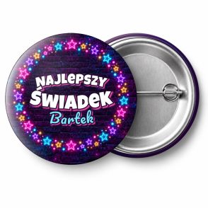 Przypinka Najlepszy Świadek z Imieniem Wieniec Neonowych Gwiazd: przypinka na wieczór kawalerski z napisem Najlepszy Świadek oraz polem imię (np. Bartek) – przód i aluminiowy tył z agrafką