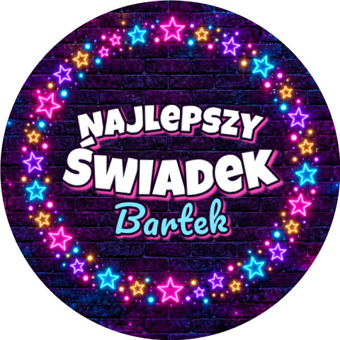 Wzór: Przypinka Najlepszy Świadek z Imieniem Wieniec Neonowych Gwiazd – napis Najlepszy Świadek i pole imię