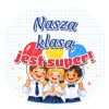 Wzór: Przypinka Nasza Klasa Jest Super Dzieci z Balonami – grafika z napisem Nasza klasa jest super!