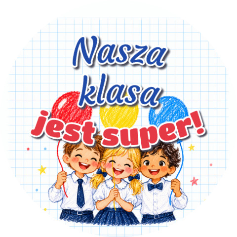 Wzór: Przypinka Nasza Klasa Jest Super Dzieci z Balonami – grafika z napisem Nasza klasa jest super!