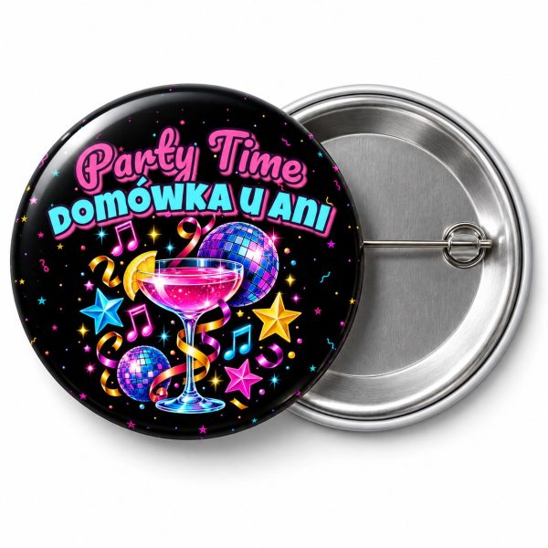 Przypinka Neonowa Domówka Sylwestrowa: przypinka na Sylwestra z napisem Party Time oraz polem gospodarze (np. Domówka u Ani) – przód i aluminiowy tył z agrafką