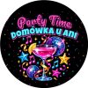 Wzór: Przypinka Neonowa Domówka Sylwestrowa – napis Party Time i pole gospodarze na sylwestrowej grafice