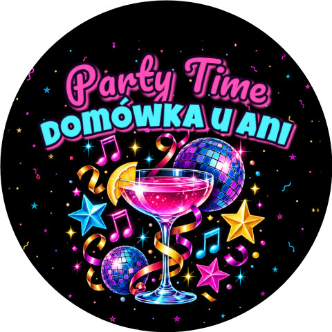 Wzór: Przypinka Neonowa Domówka Sylwestrowa – napis Party Time i pole gospodarze na sylwestrowej grafice