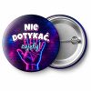 Przypinka Nie Dotykać Zajęty Neonowa Dłoń: przypinka na wieczór kawalerski z napisem Nie dotykać, zajęty! – przód i aluminiowy tył z agrafką