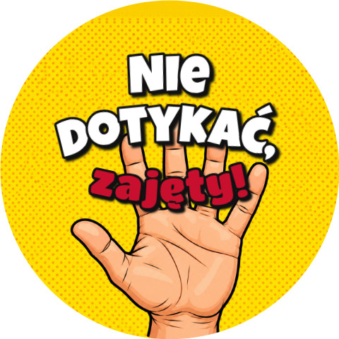 Wzór: Przypinka Nie Dotykać Zajęty Ręka Stop z Obrączką – grafika z napisem Nie dotykać, zajęty!