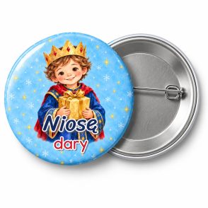 Przypinka Niosę Dary: przypinka na Orszak Trzech Króli z napisem Niosę dary – przód i aluminiowy tył z agrafką