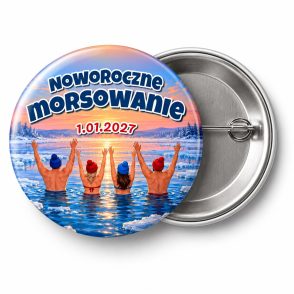 Przypinka Noworoczne Morsowanie z Datą: przypinka dla morsów z napisem Noworoczne morsowanie oraz polem data (np. 1.01.2027) – przód i aluminiowy tył z agrafką