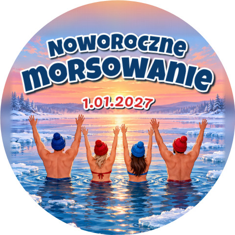 Wzór: Przypinka Noworoczne Morsowanie z Datą – napis Noworoczne morsowanie i pole data na zimowej grafice