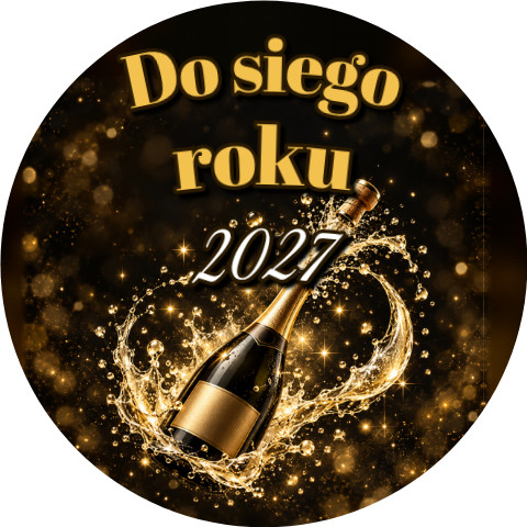 Wzór: Przypinka Nowy Rok Butelka Szampana – napis Do siego roku i pole rok na sylwestrowej grafice