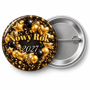 Przypinka Nowy Rok Złote Balony: przypinka na Sylwestra z napisem Nowy Rok oraz polem rok (np. 2027) – przód i aluminiowy tył z agrafką