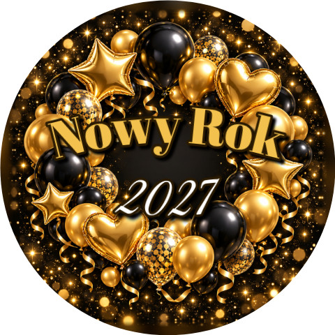 Wzór: Przypinka Nowy Rok Złote Balony – napis Nowy Rok i pole rok na sylwestrowej grafice