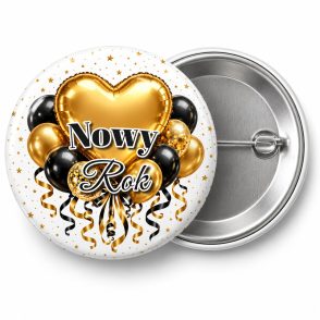 Przypinka Nowy Rok Złoty Balon: przypinka na Sylwestra z napisem Nowy Rok – przód i aluminiowy tył z agrafką