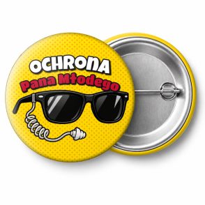Przypinka Ochrona Pana Młodego Okulary i Słuchawka: przypinka na wieczór kawalerski z napisem Ochrona Pana Młodego – przód i aluminiowy tył z agrafką