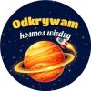 Wzór: Przypinka Odkrywam Kosmos Wiedzy Planeta z Pierścieniem – grafika z napisem Odkrywam kosmos wiedzy