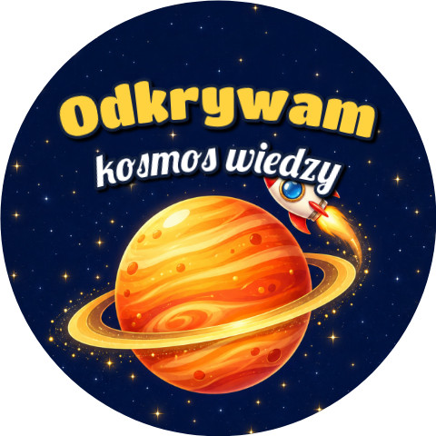 Wzór: Przypinka Odkrywam Kosmos Wiedzy Planeta z Pierścieniem – grafika z napisem Odkrywam kosmos wiedzy
