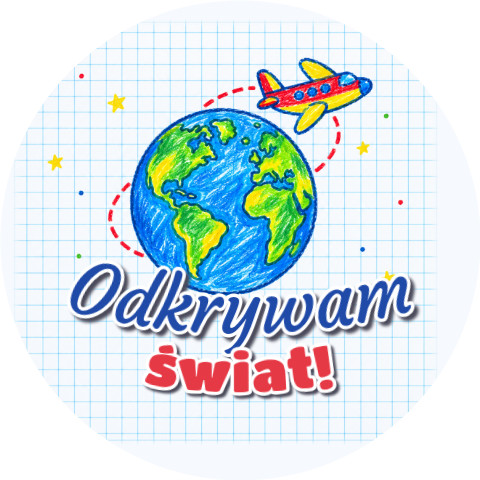 Wzór: Przypinka Odkrywam Świat Kredkowy Globus – grafika z napisem Odkrywam świat!