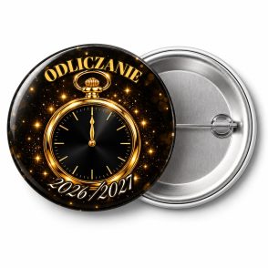Przypinka Odliczanie do Północy: przypinka na Sylwestra z napisem ODLICZANIE oraz polem rok (np. 2026/2027) – przód i aluminiowy tył z agrafką