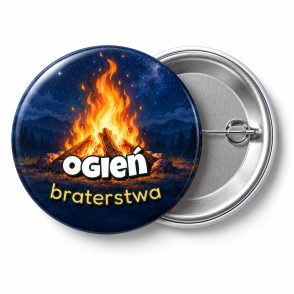 Przypinka Ogień Braterstwa: przypinka na Dzień Myśli Braterskiej z napisem Ogień braterstwa – przód i aluminiowy tył z agrafką
