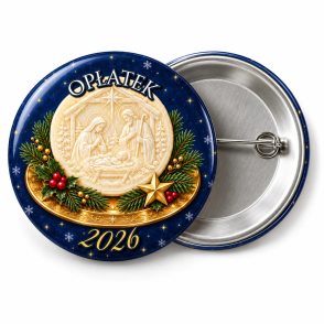 Przypinka Opłatek Wigilijny: przypinka na Boże Narodzenie z napisem OPŁATEK oraz polem rok (np. 2026) – przód i aluminiowy tył z agrafką