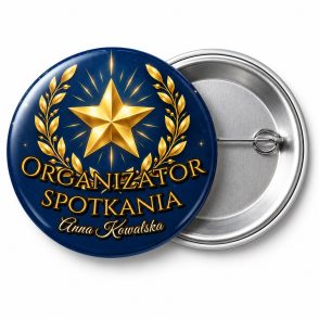 Przypinka Organizator Spotkania: przypinka na spotkanie klasowe z napisem Organizator spotkania oraz polem imię i nazwisko (np. Anna Kowalska) – przód i aluminiowy tył z agrafką